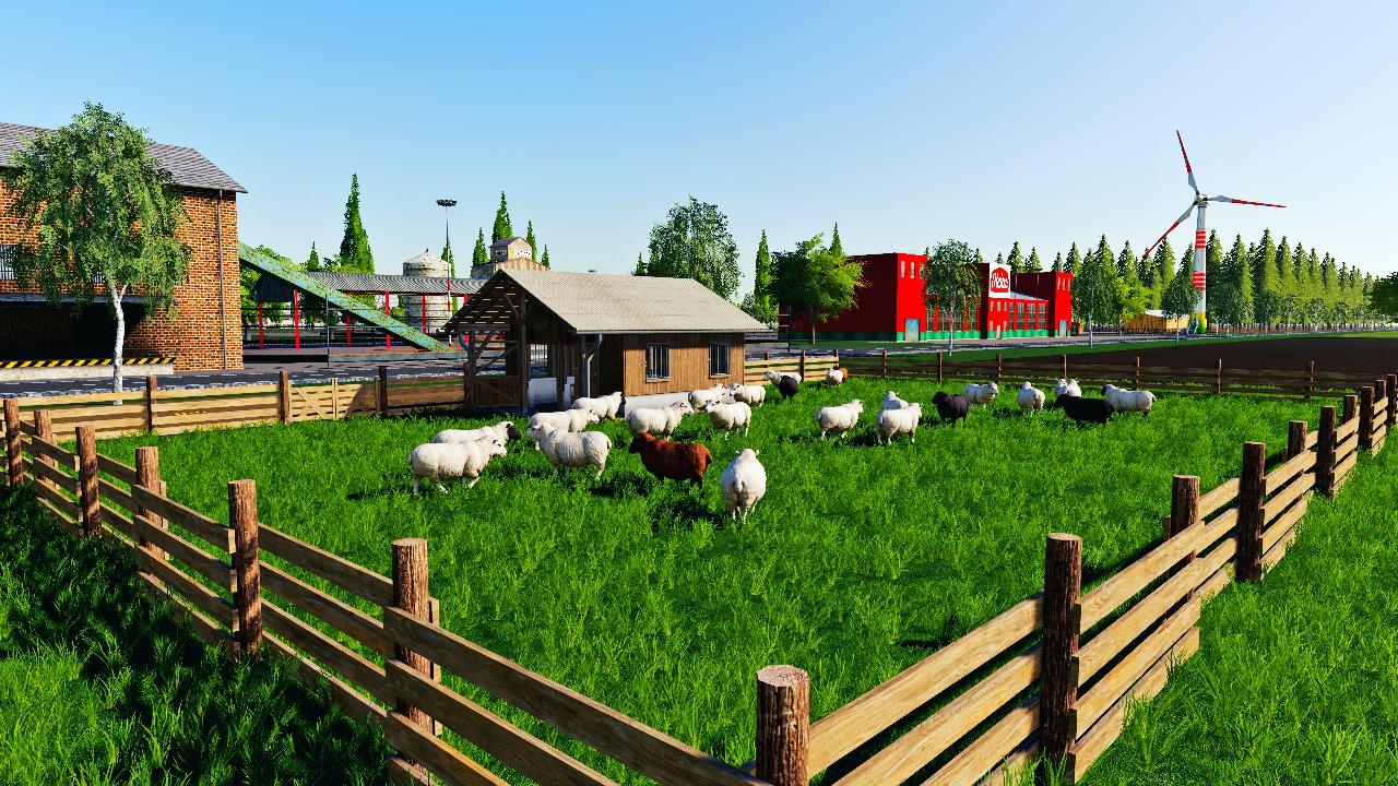 Sheep pasture with shelters