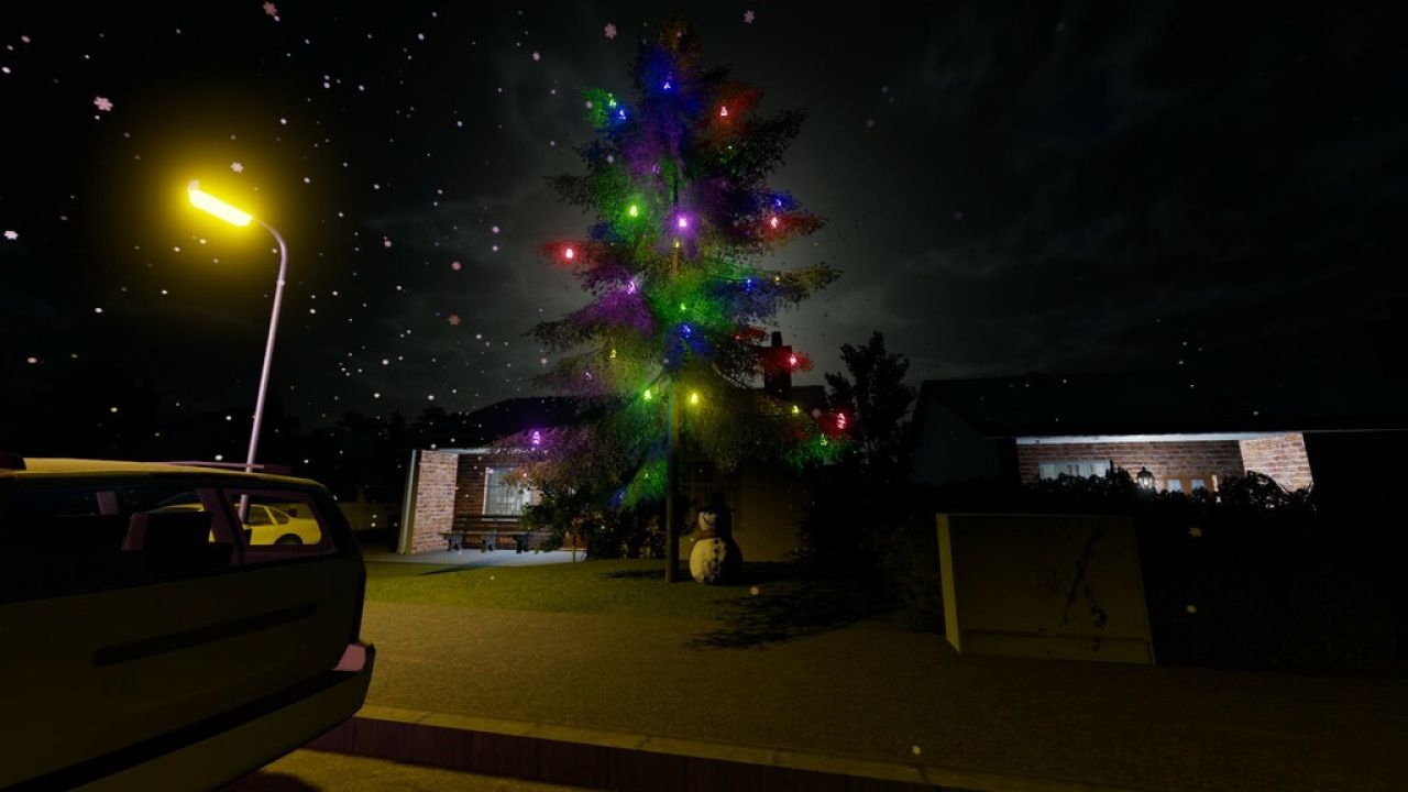 Árvore de Natal com boneco de neve e músicas