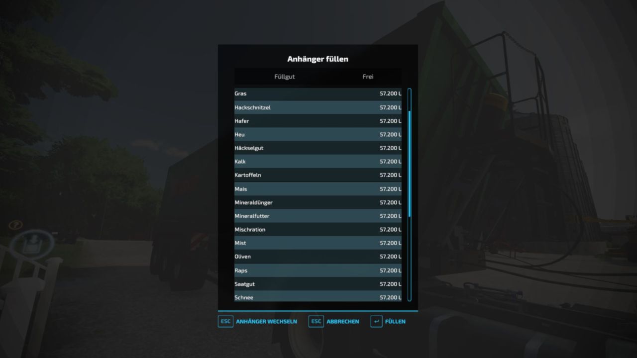 Menu di riempimento del rimorchio