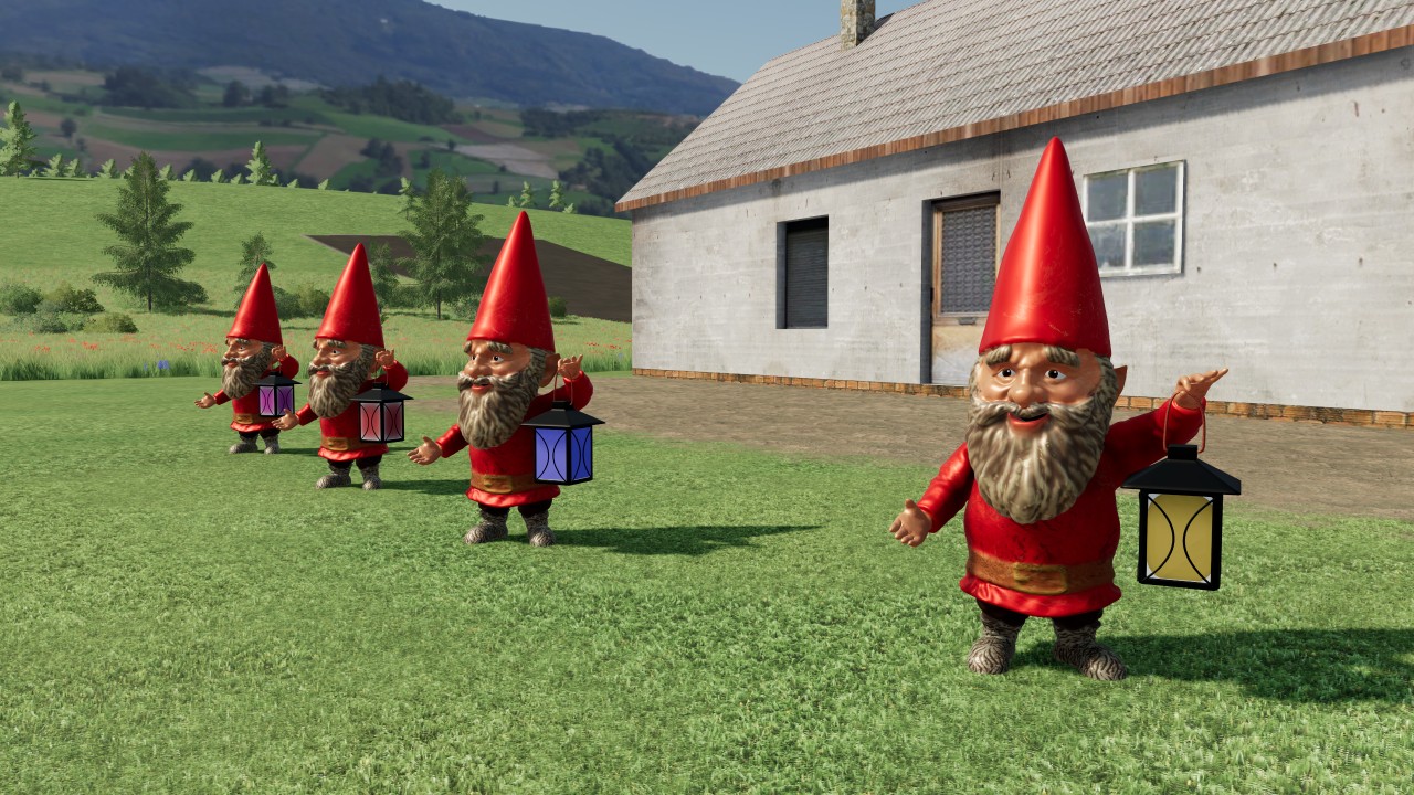 Garden gnome with different lantern colors