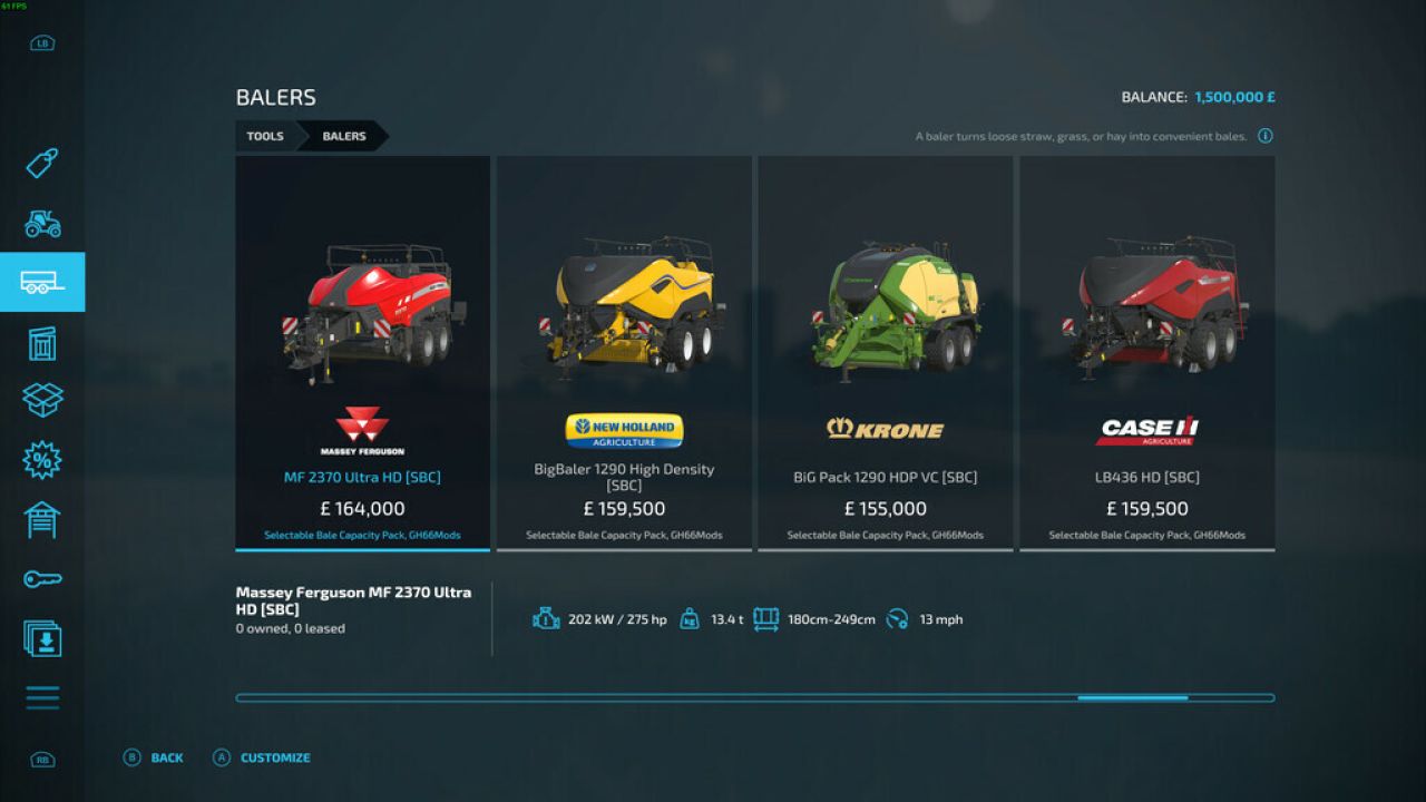 Selectable Bale Capacity Pack