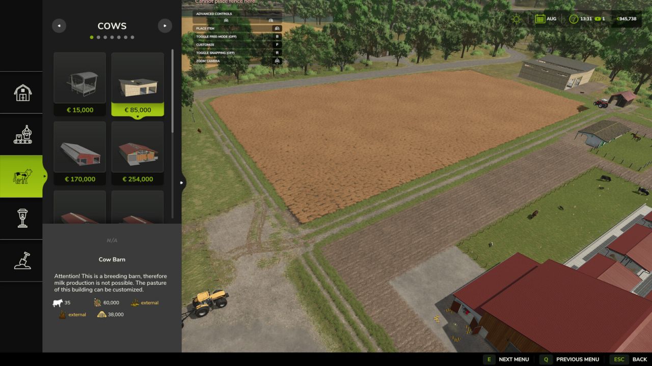 Menu de construction : informations sur le stockage de l'élevage