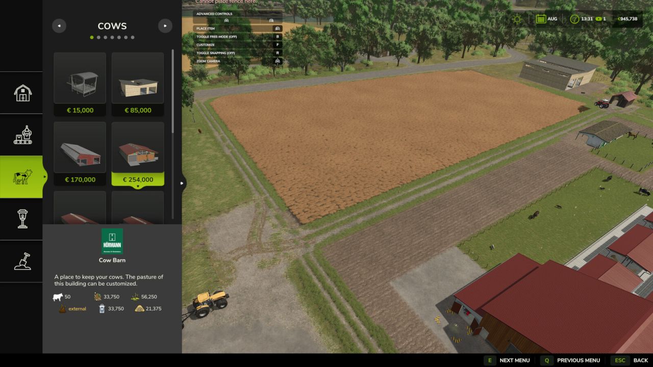 Menu de construction : informations sur le stockage de l'élevage