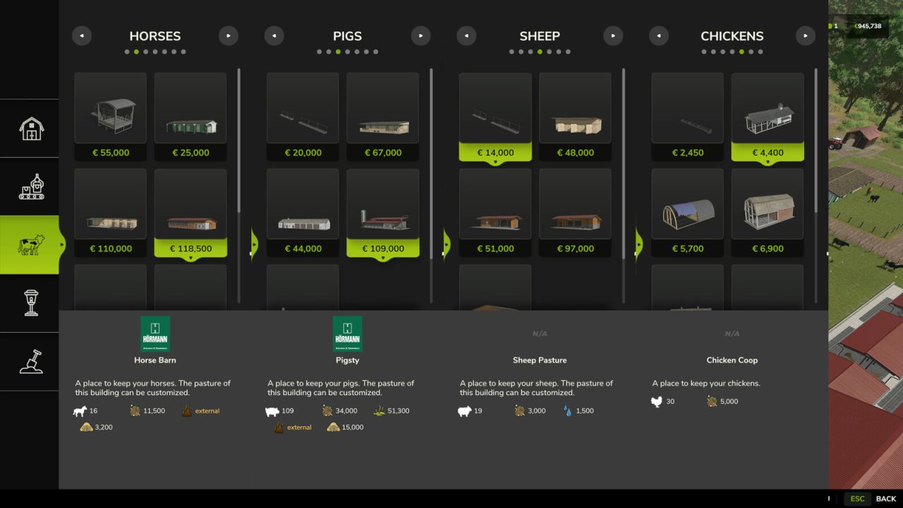 Menu de construction : informations sur le stockage de l'élevage