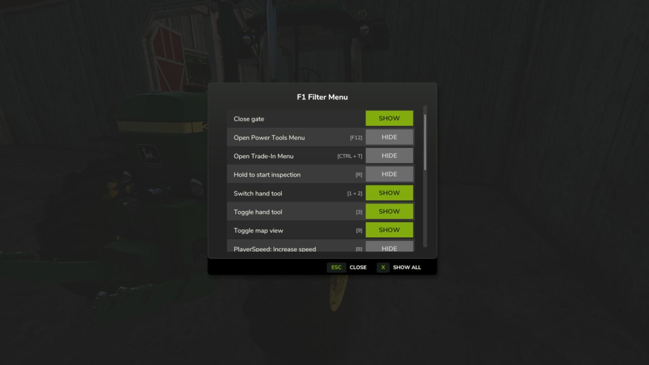 F1 Filter Menu