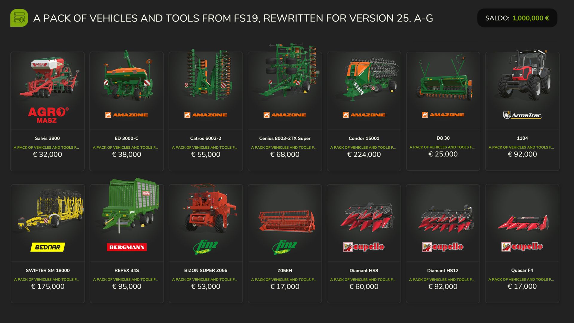 FS19 Vehicles and Tools (A-G)