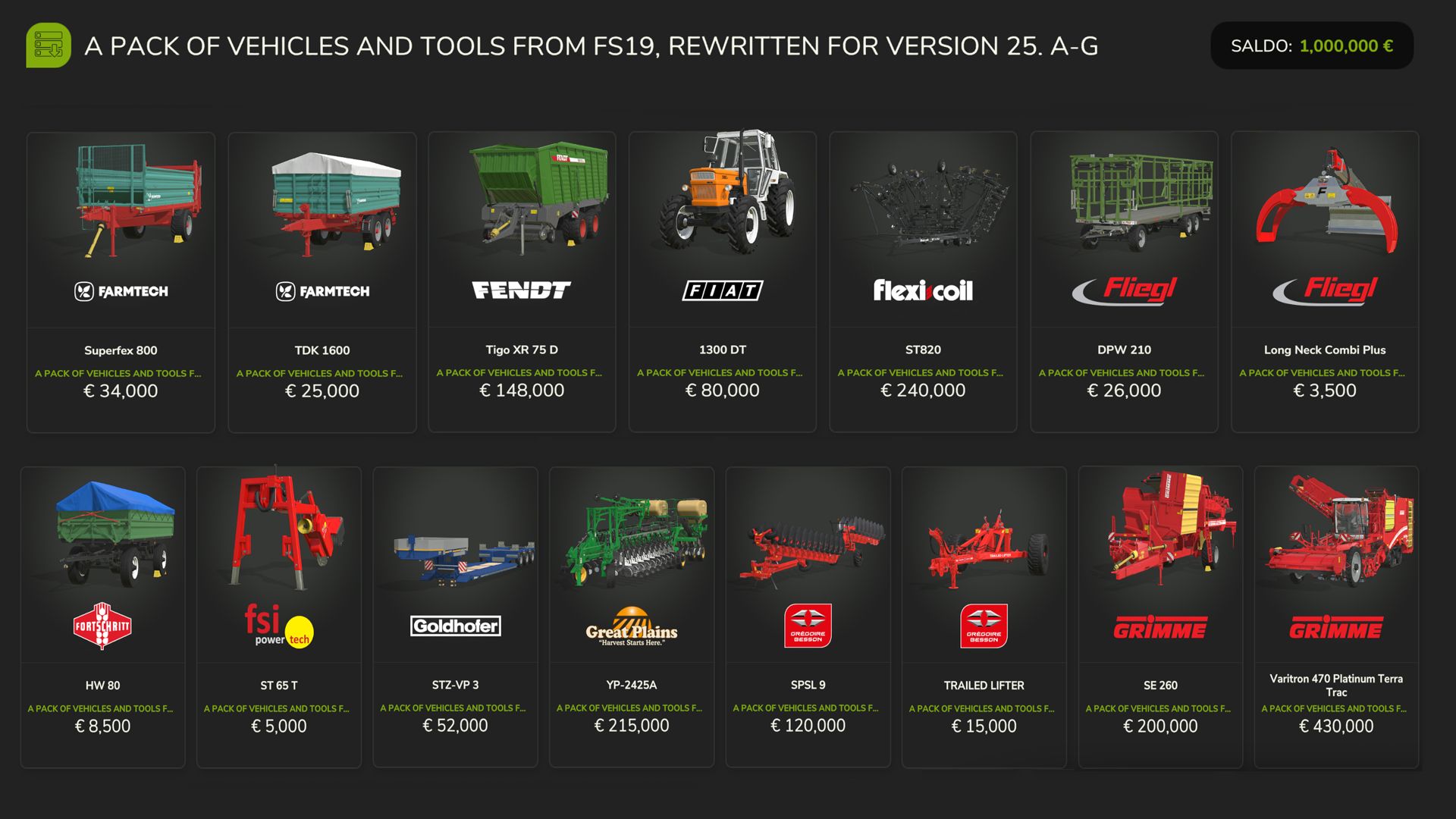 FS19 Vehicles and Tools (A-G)