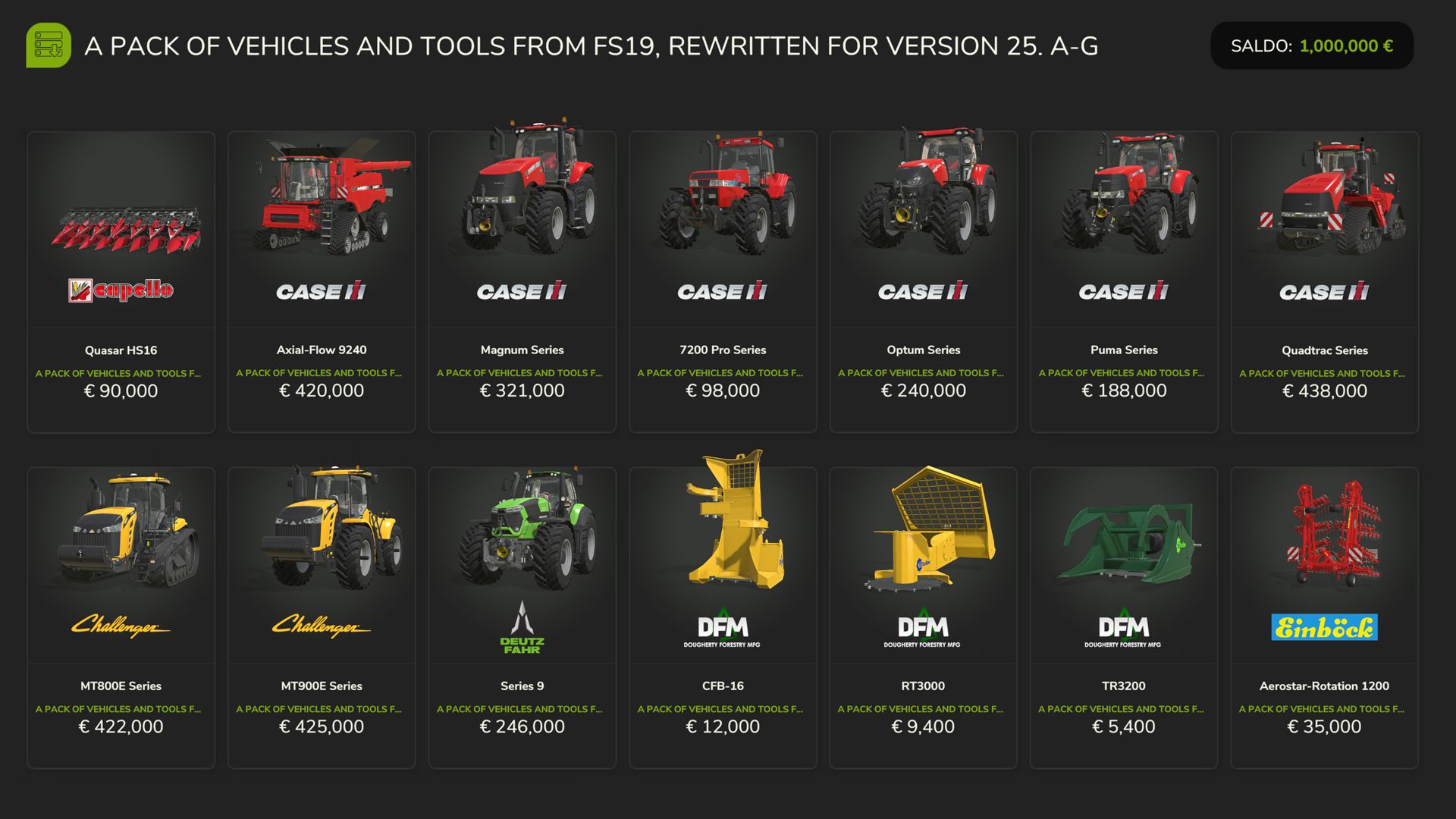 Véhicules et outils FS19 (A-G)