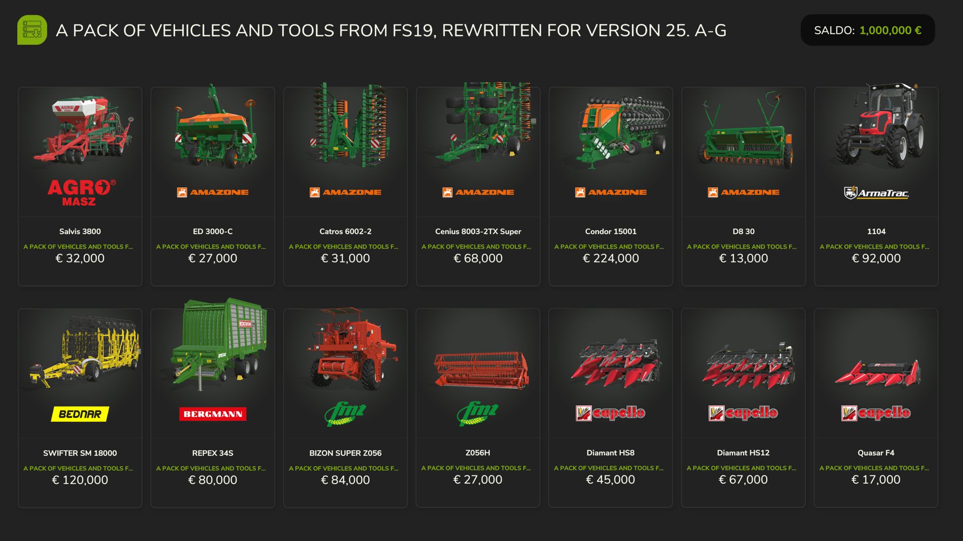 Véhicules et outils FS19 (A-G)