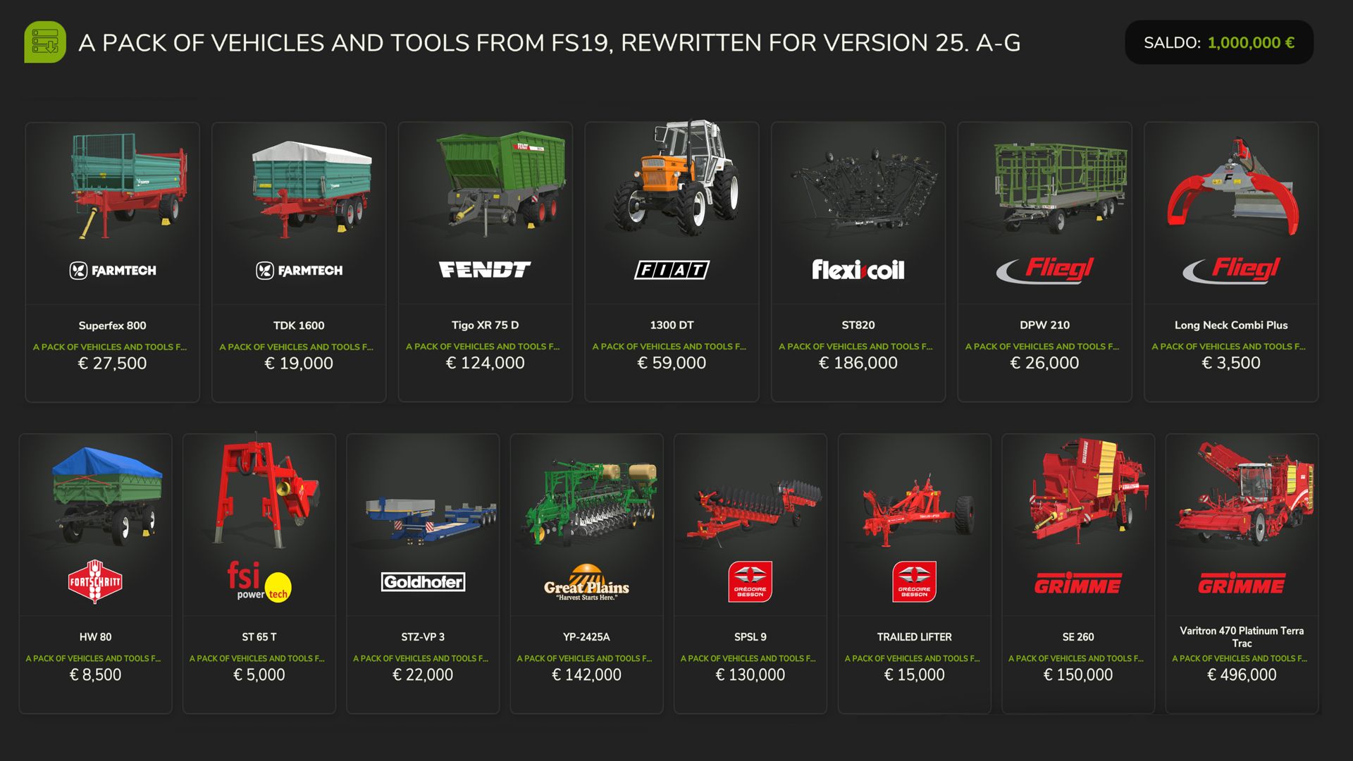 Véhicules et outils FS19 (A-G)
