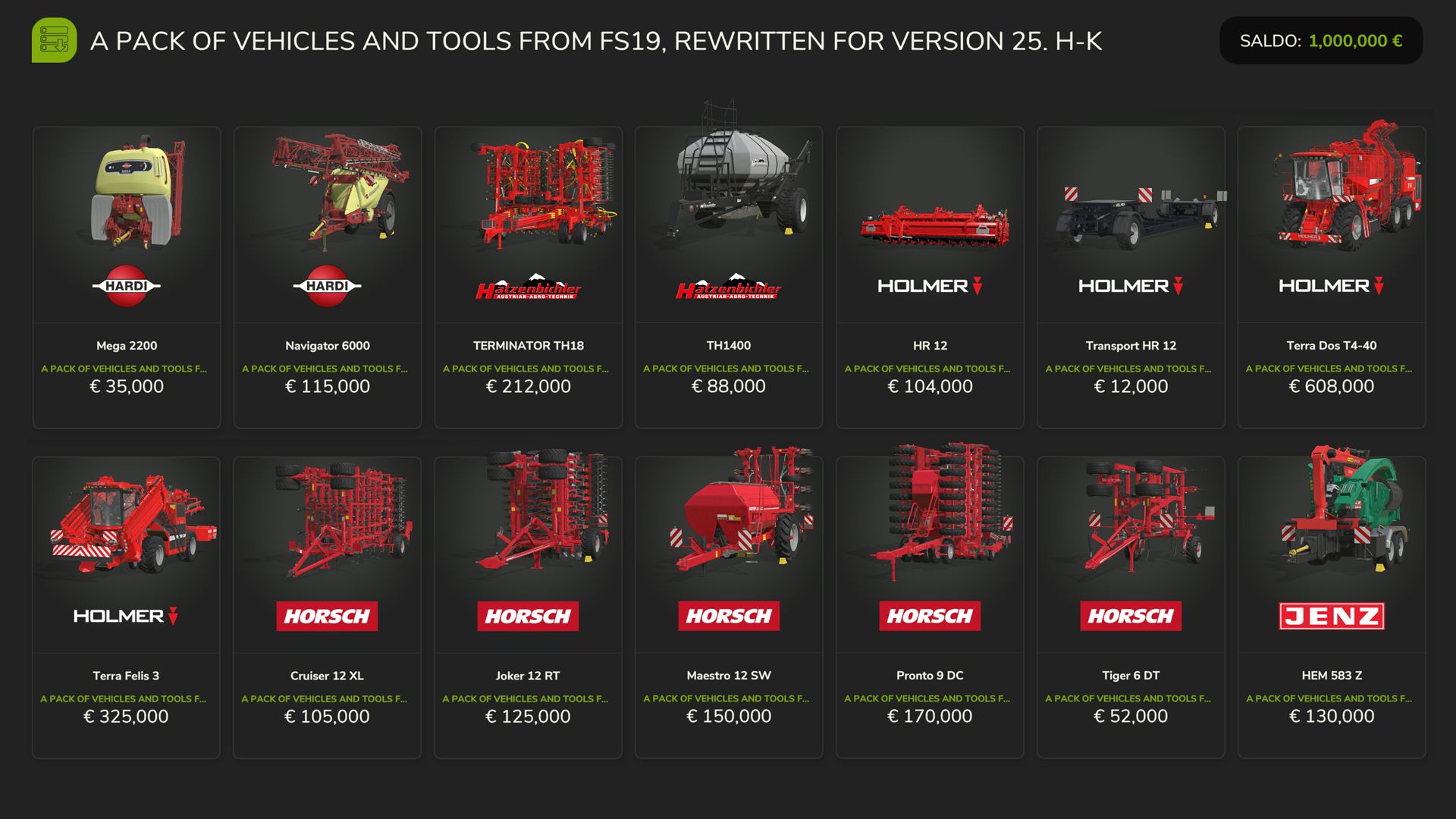 FS19 Pojazdy i narzędzia (H-K)