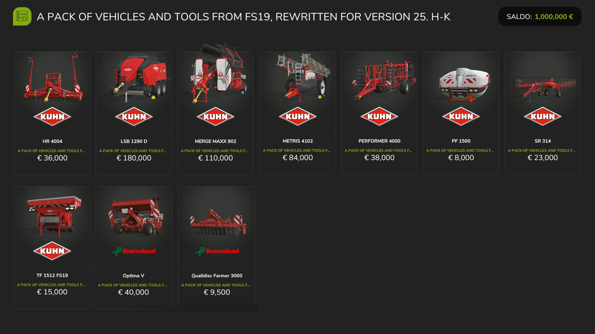 FS19 Pojazdy i narzędzia (H-K)