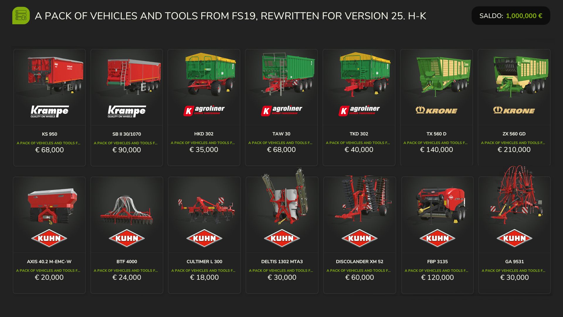 FS19 Pojazdy i narzędzia (H-K)