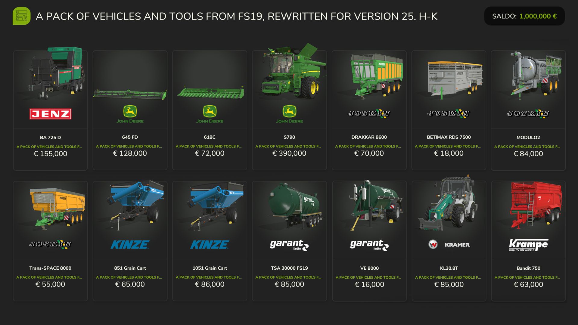 FS19 Pojazdy i narzędzia (H-K)