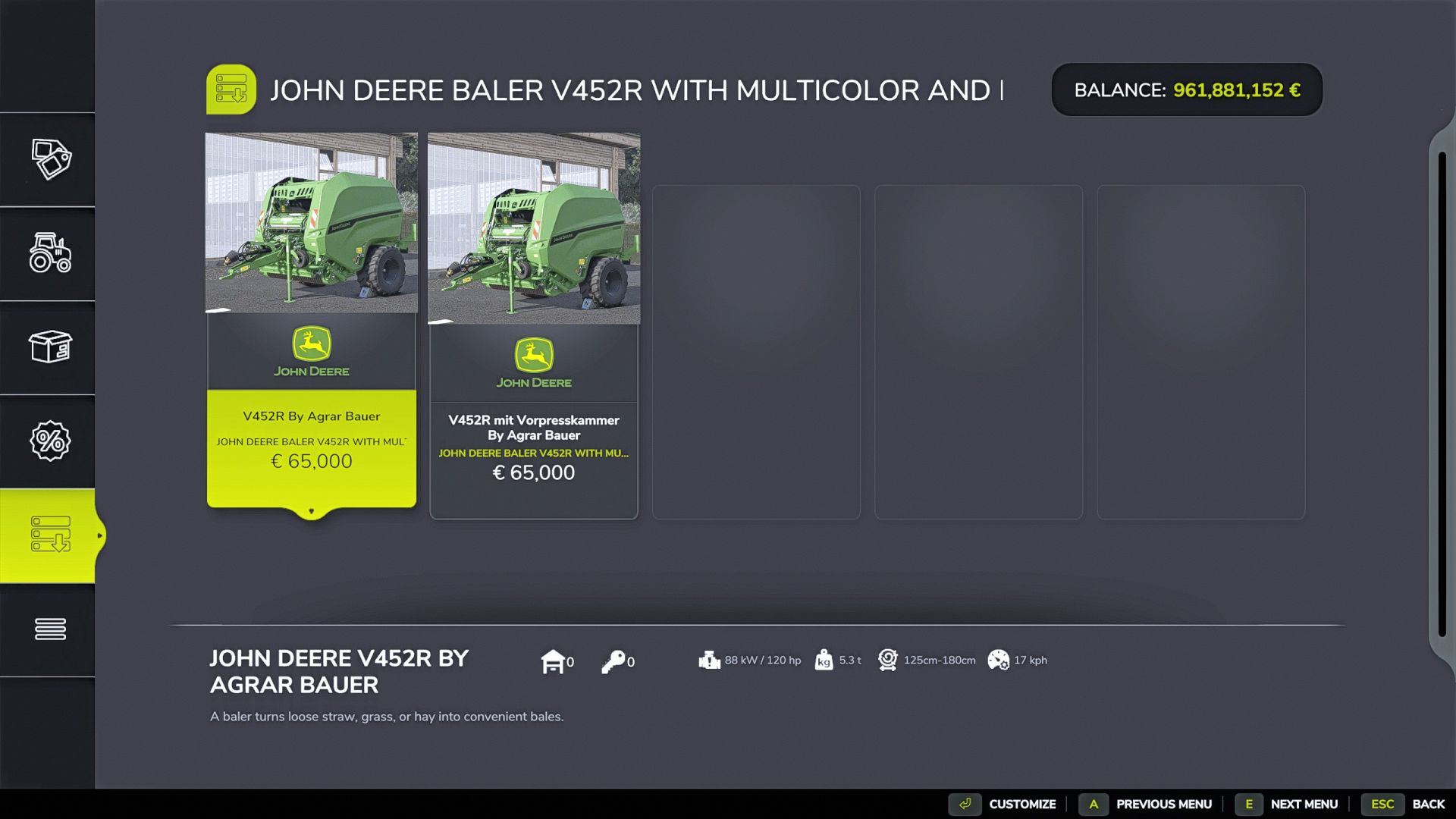 John Deere V452R w wielu kolorach