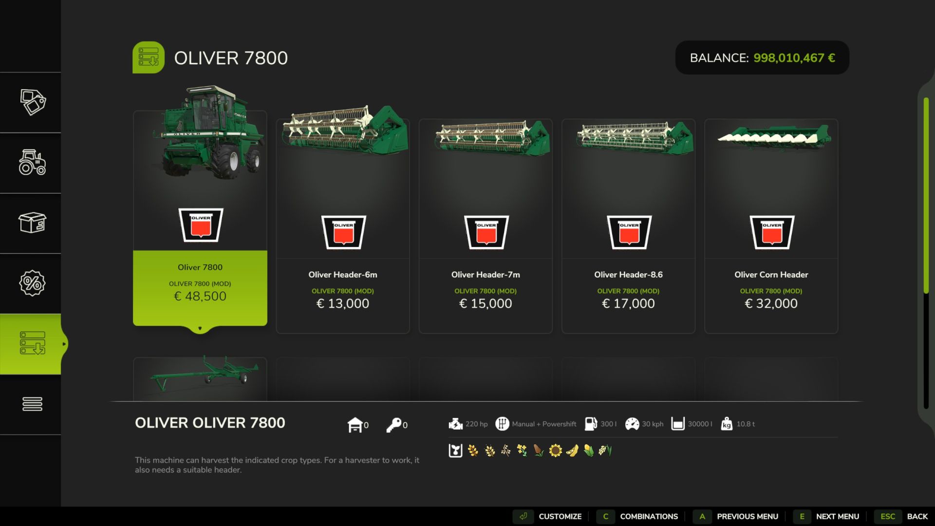 Комплектация комбайна Oliver 7800