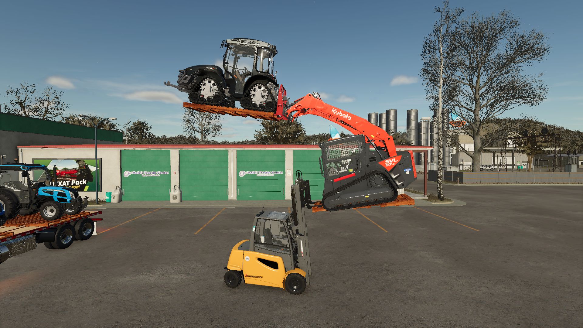 Поддон с натяжными ремнями и длинными вилами для поддонов