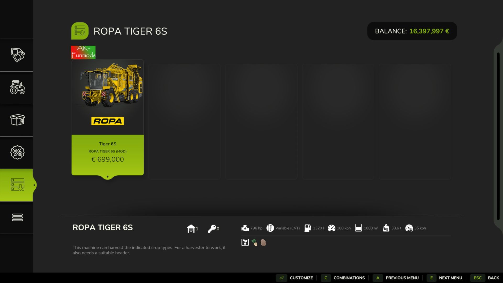 Ropa Tiger 6S (redução de peso/1.000.000 l)
