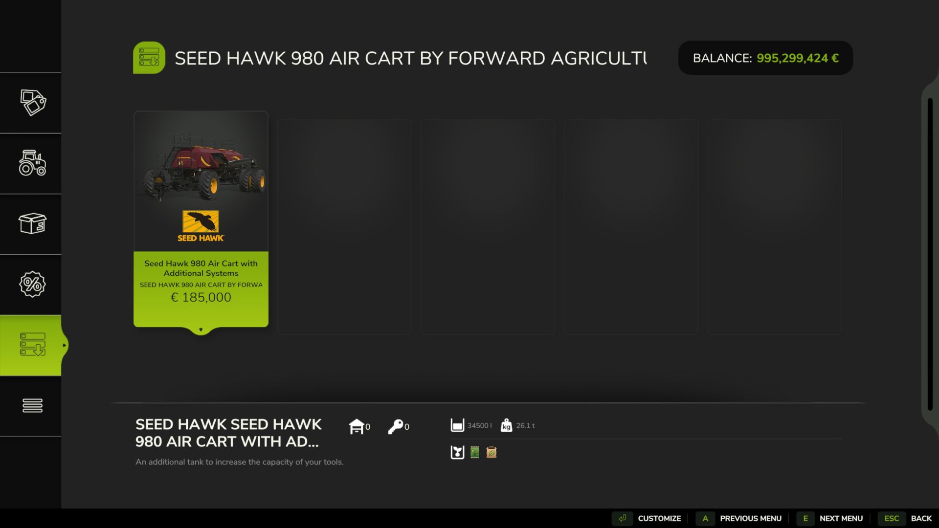 "Seed Hawk 980" Air Cart with Additional Systems