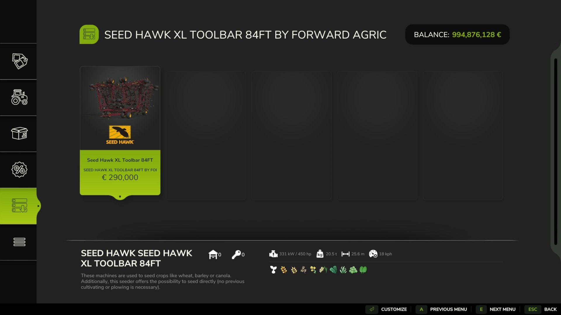 Seed Hawk XL Toolbar (84ft) with Additional Systems