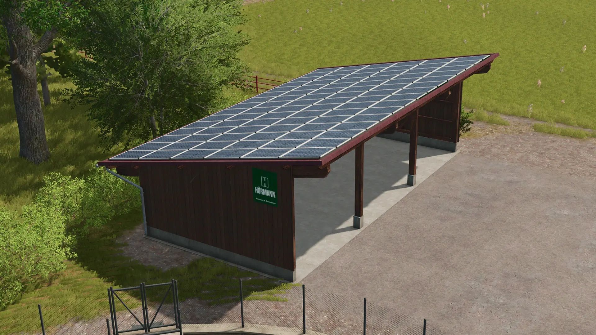 Kleine offene Garage in dunkler Holzoptik