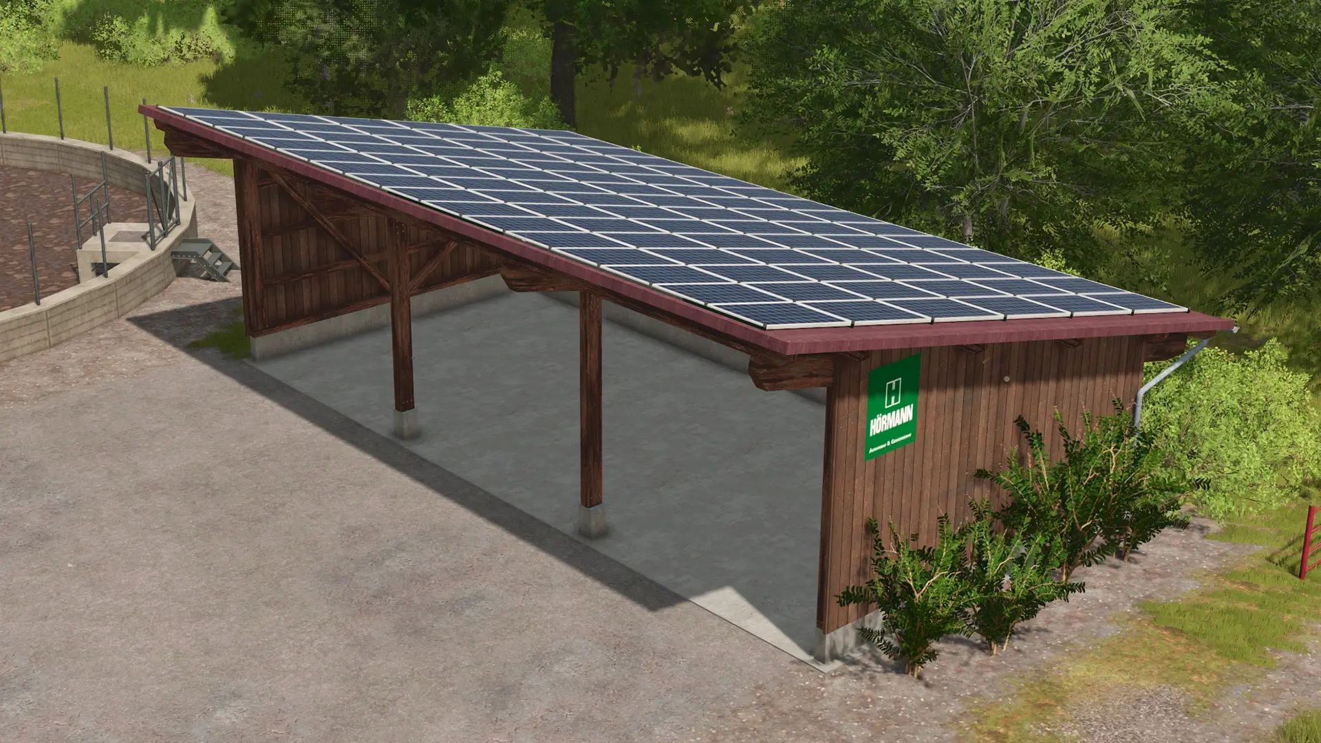 Kleine offene Garage in dunkler Holzoptik