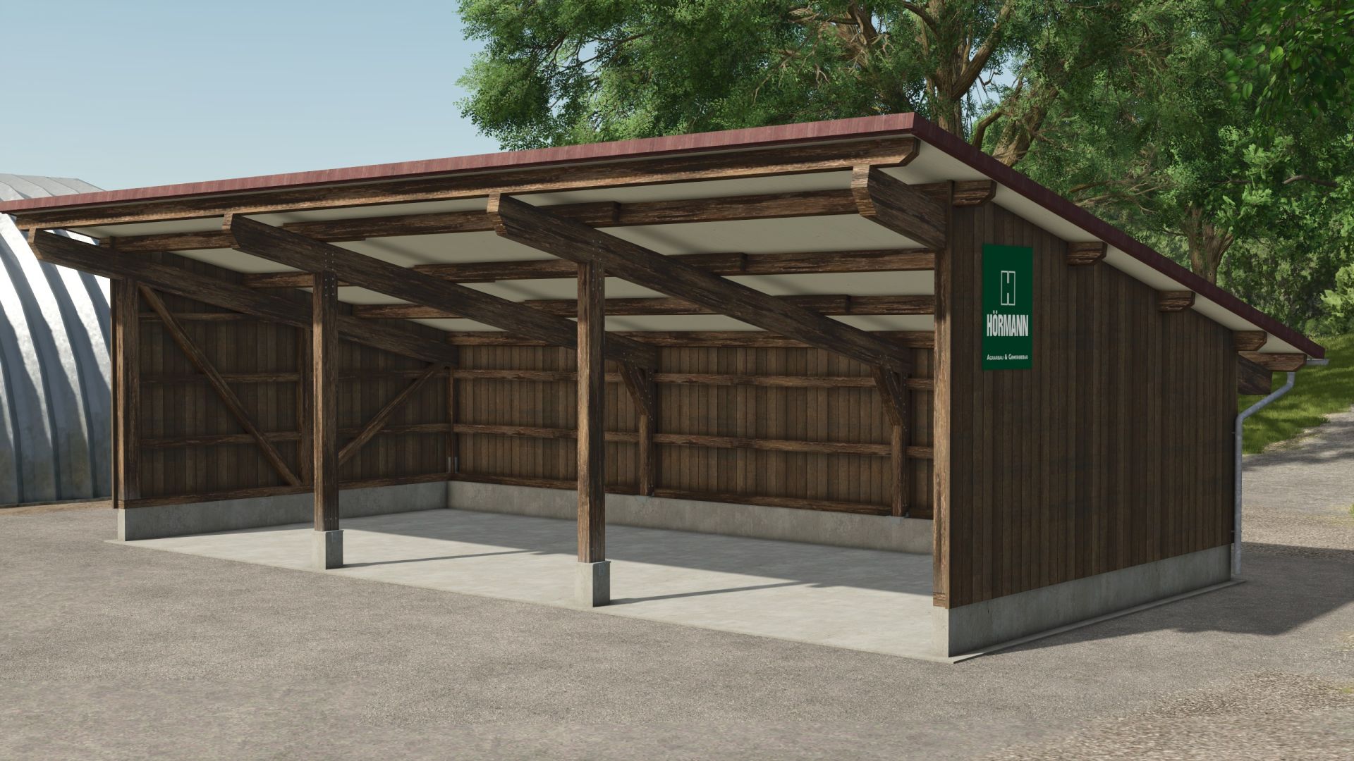 Kleine offene Garage in dunkler Holzoptik