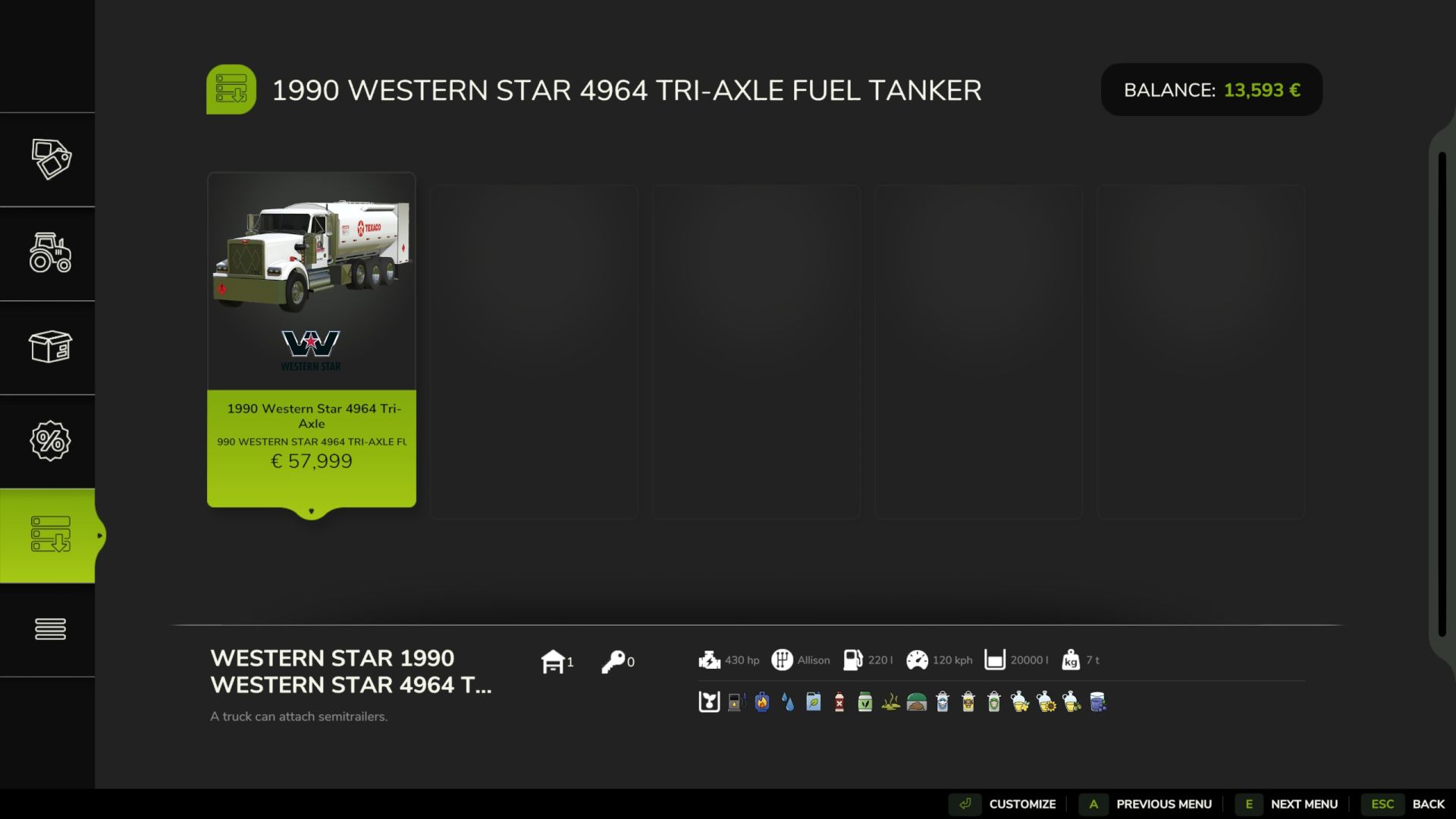 Western Star 4964 Tráfico de combustible